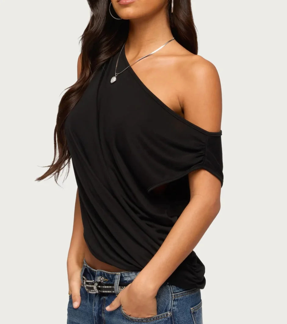 Asymmetric Off-Shoulder Draped T-Shirt