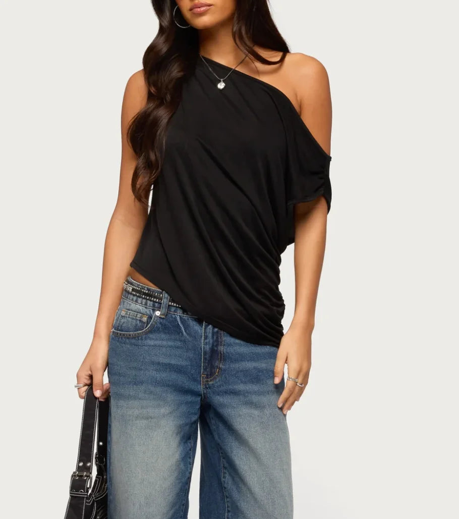 Asymmetric Off-Shoulder Draped T-Shirt