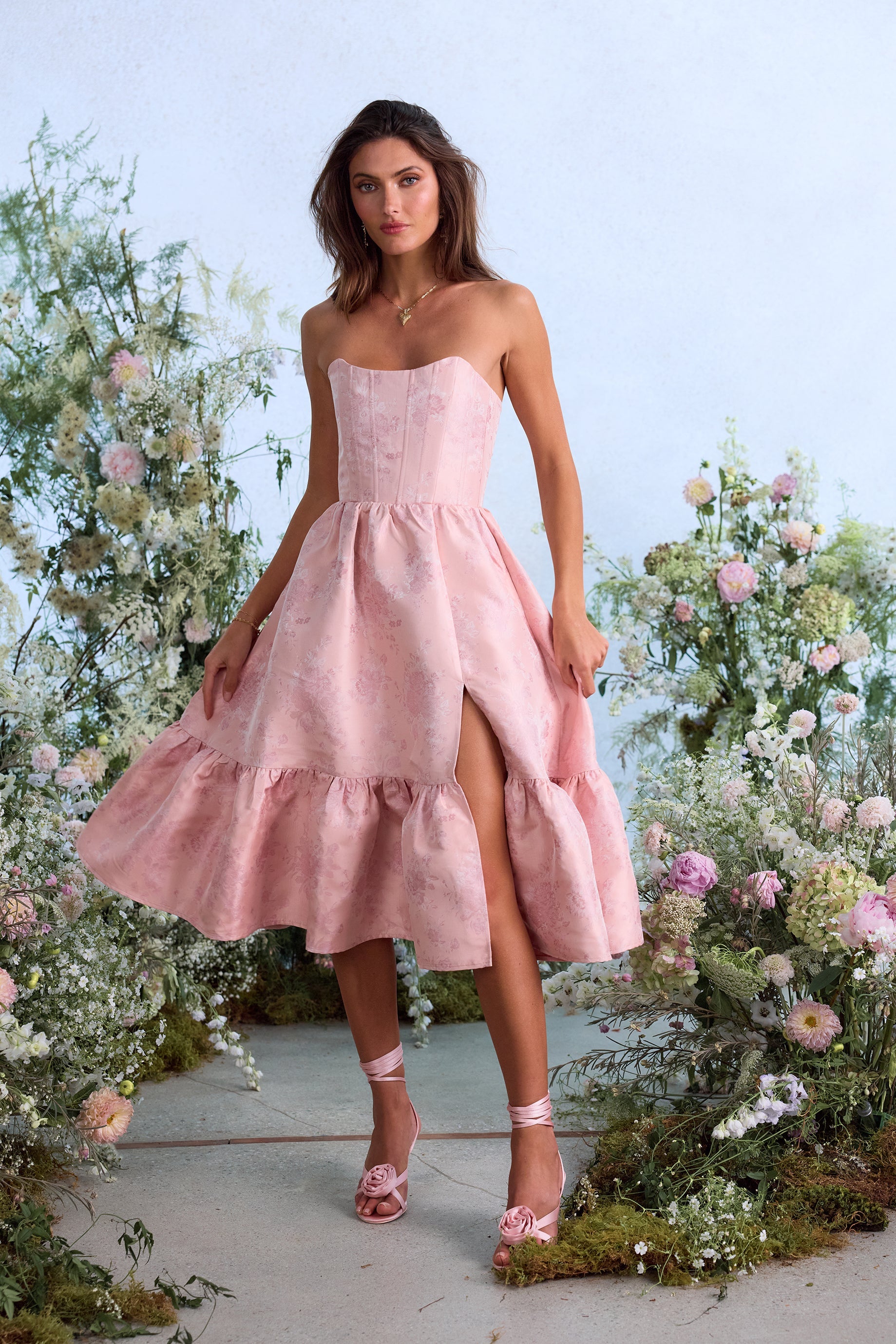 The Virginia Dress in Light Pink Windsor Brocade