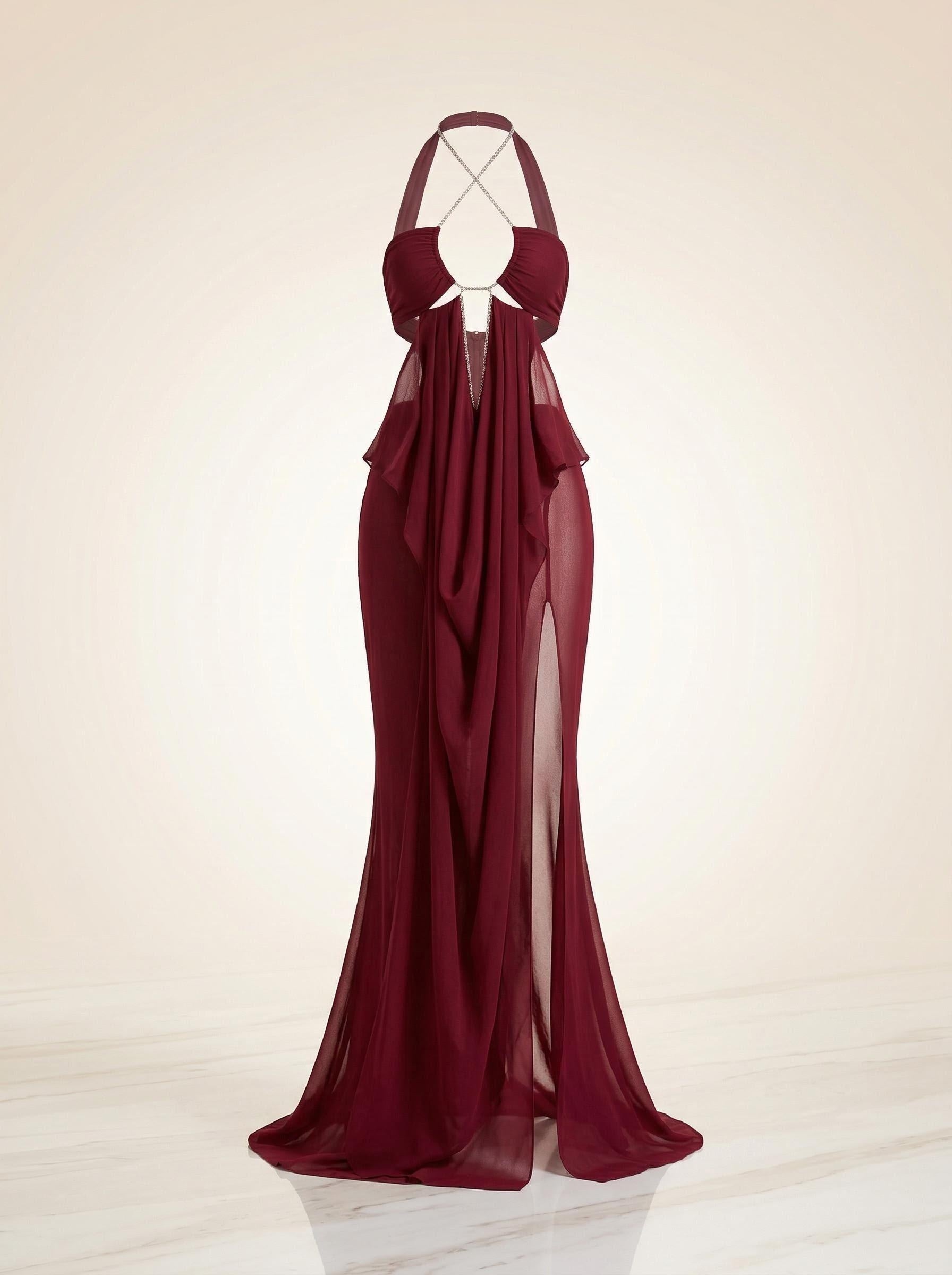 Burgundy Sheer Chiffon Halter Maxi Gown