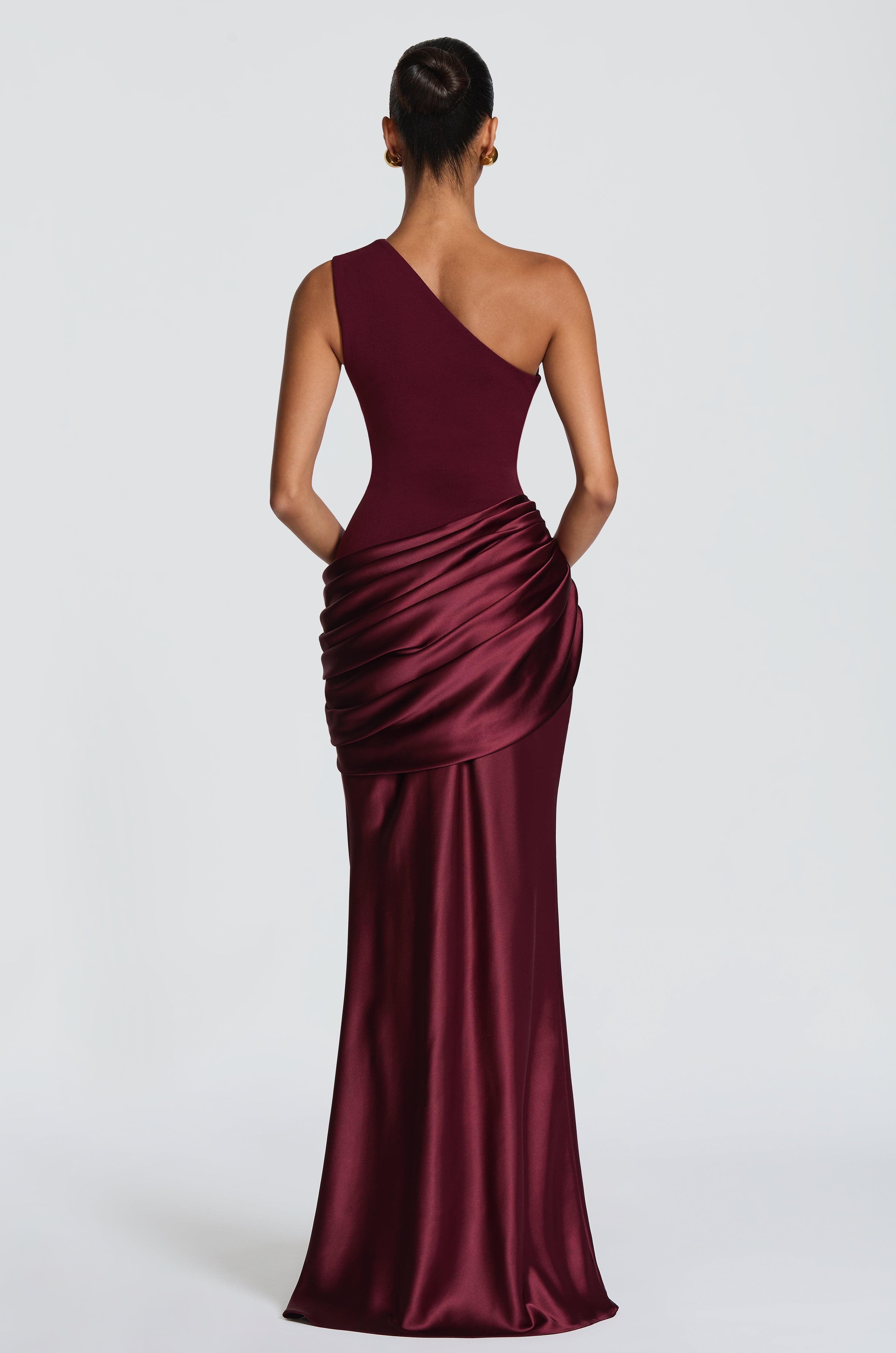 Black One-Shoulder Satin Draped Mermaid Gown