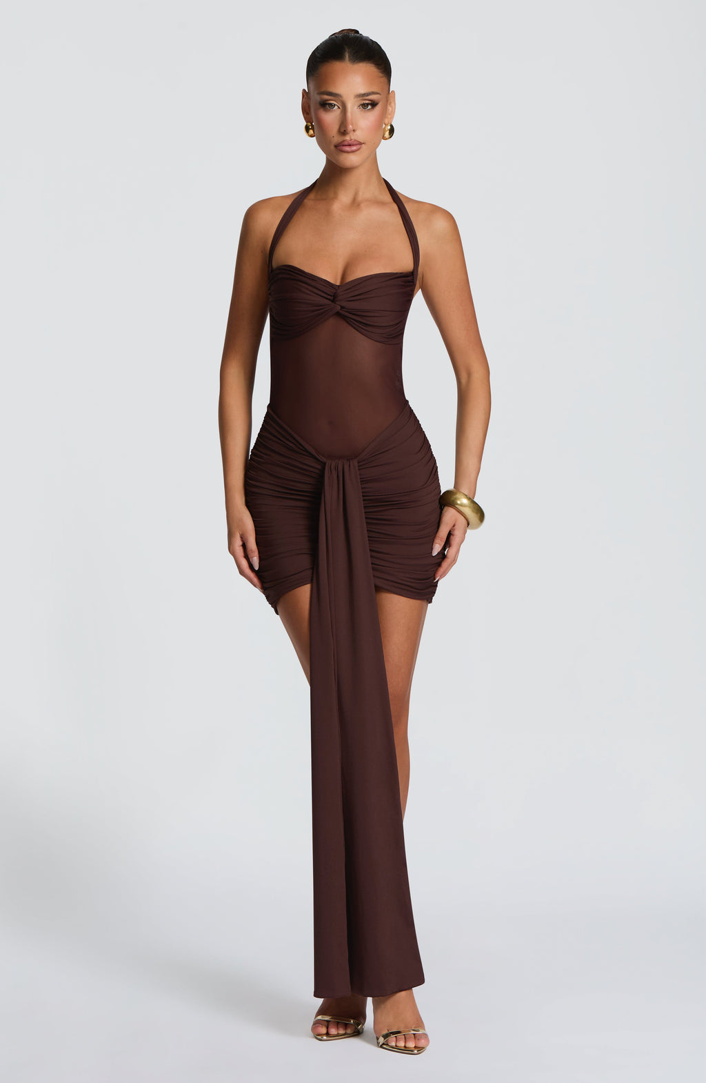 Halter Neck Open-Back Mesh Paneled Ruched Slim-Fit Mini Dress