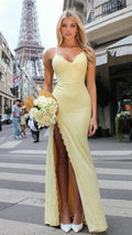 Fleur - Yellow Formal Dress, Lace V neckline lace up backless, fitted high leg slit