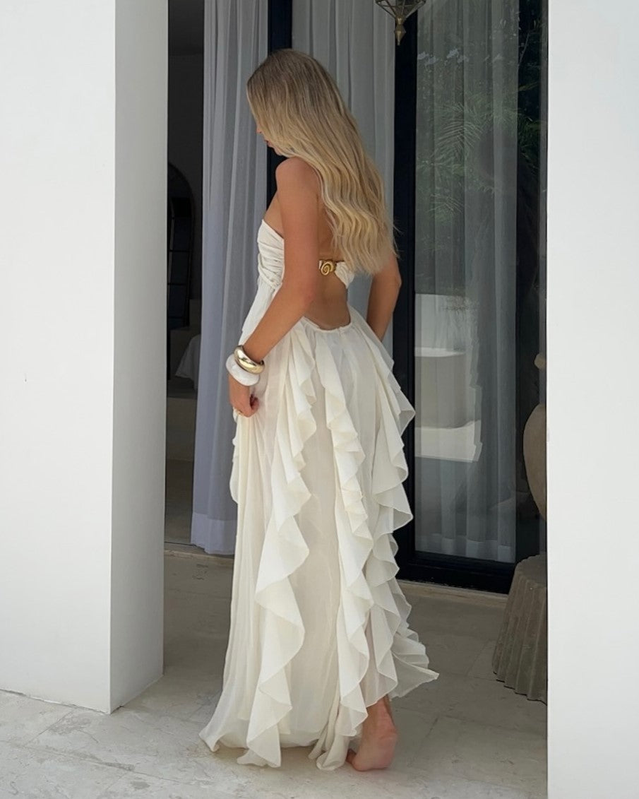 Cream White Halter Gold Rose Ruffled Backless Maxi Dress