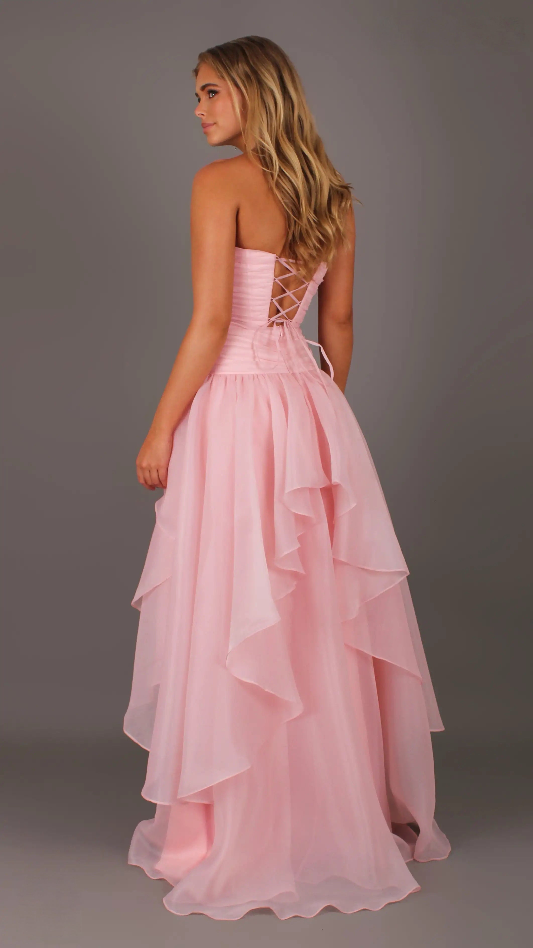 Daisy - Pink Formal Dress, Strapless Corset Drop-waist, organza layered handkerchief skirt, leg slit