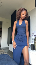 Navy Halter Ruched Waist Side Slit Bodycon Maxi Dress