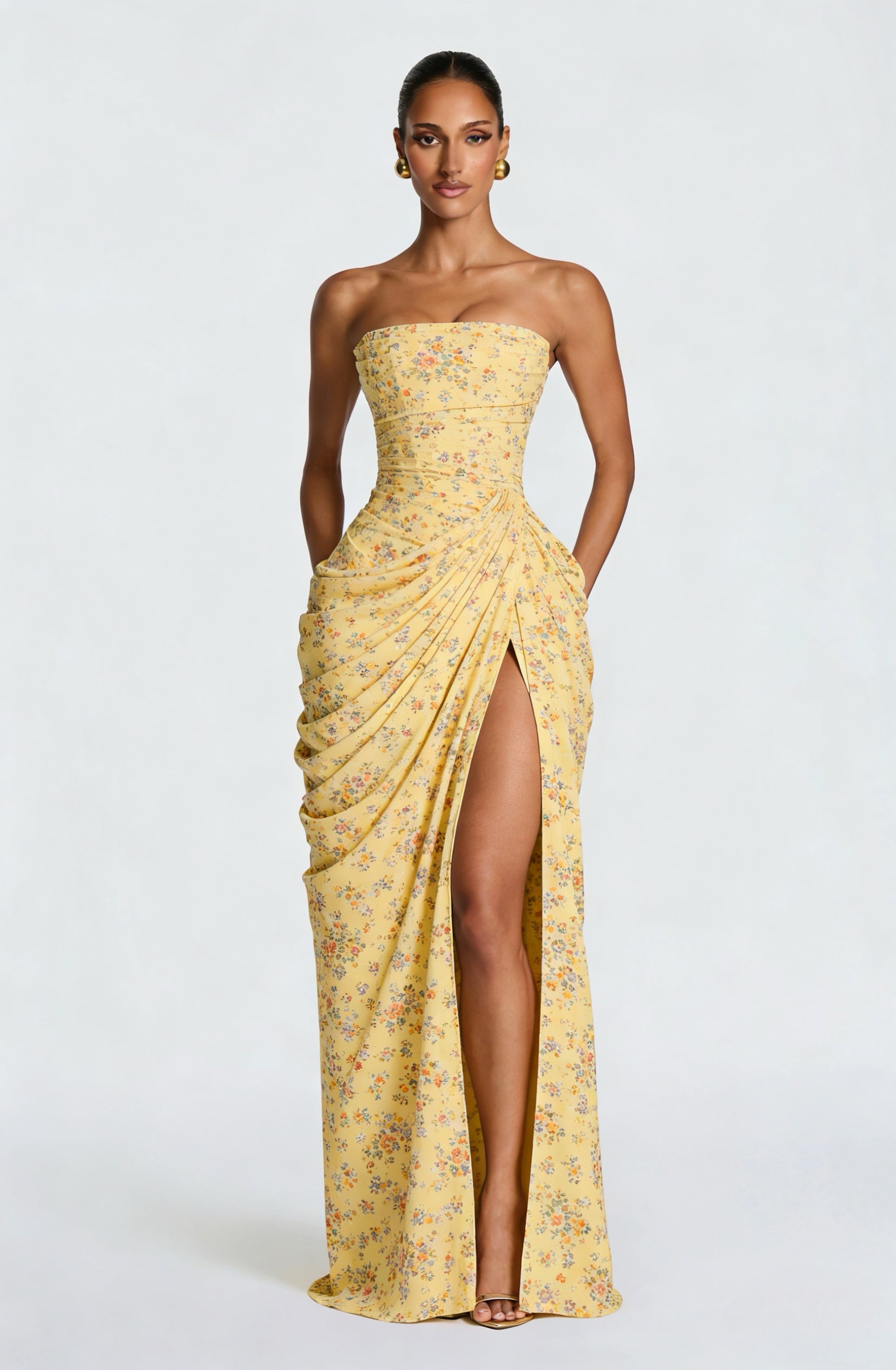 Butter Yellow Strapless Ruched Floral Print High-Slit Maxi Gown