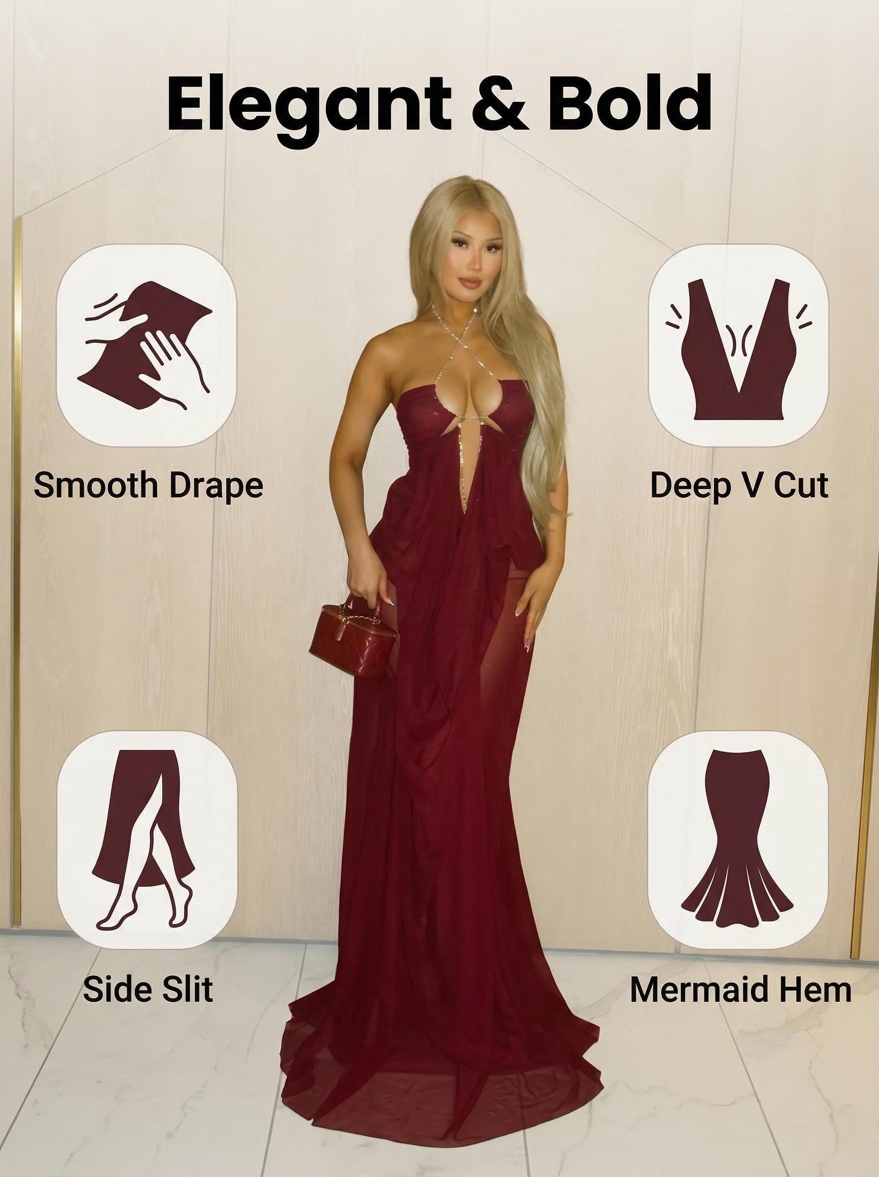 Burgundy Sheer Chiffon Halter Maxi Gown