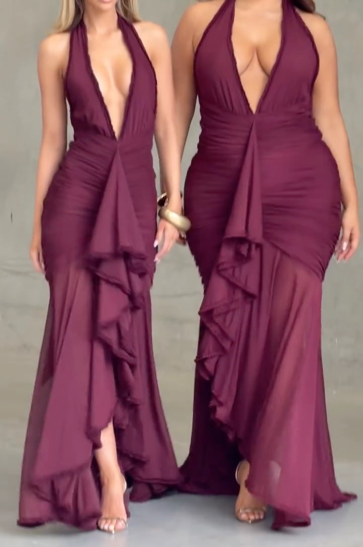 Sexy Halter Deep V Pleated Fungus Tassel Dress