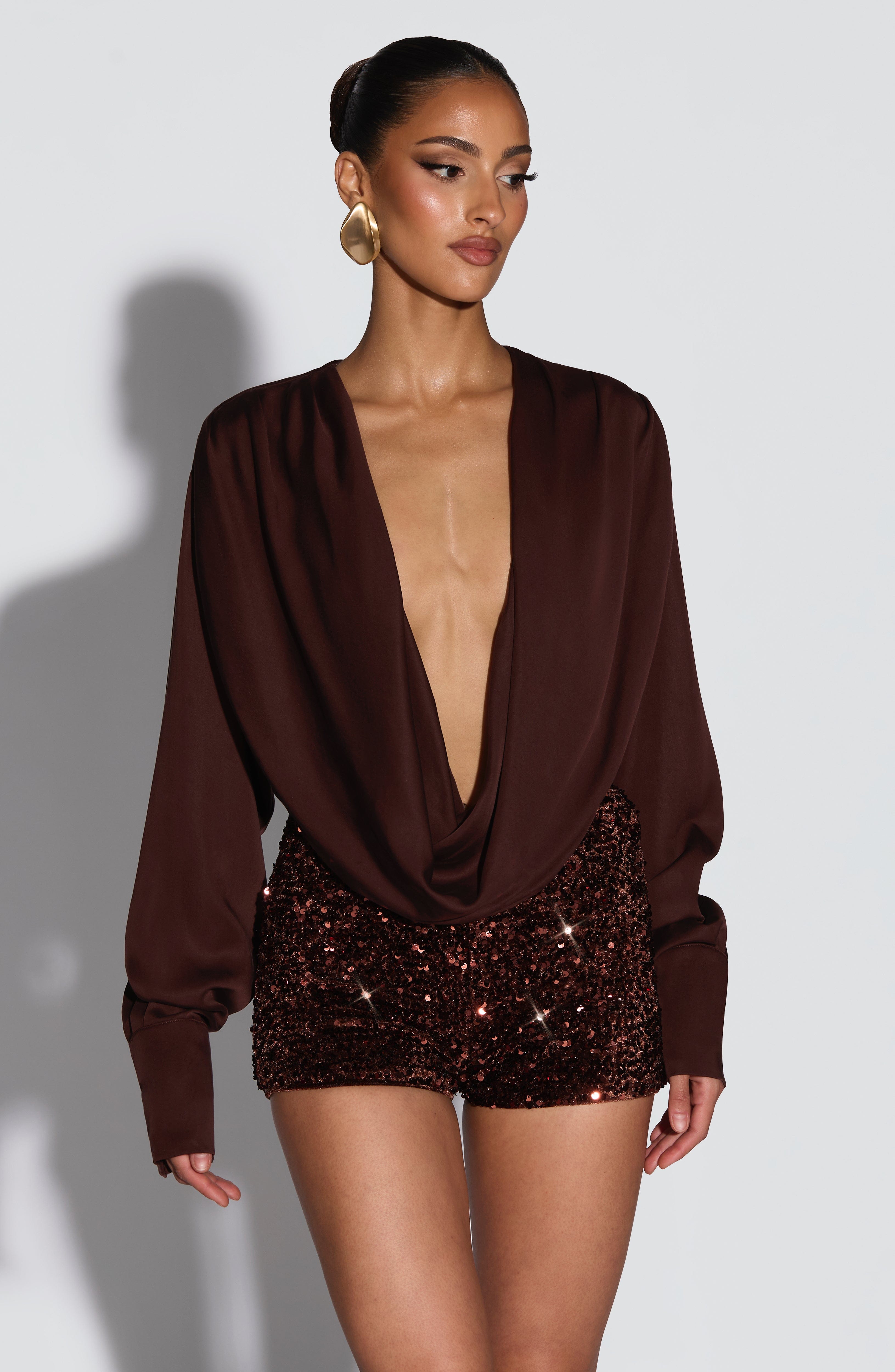 Sexy Long Sleeve Low Cut Shirt Shorts Suit