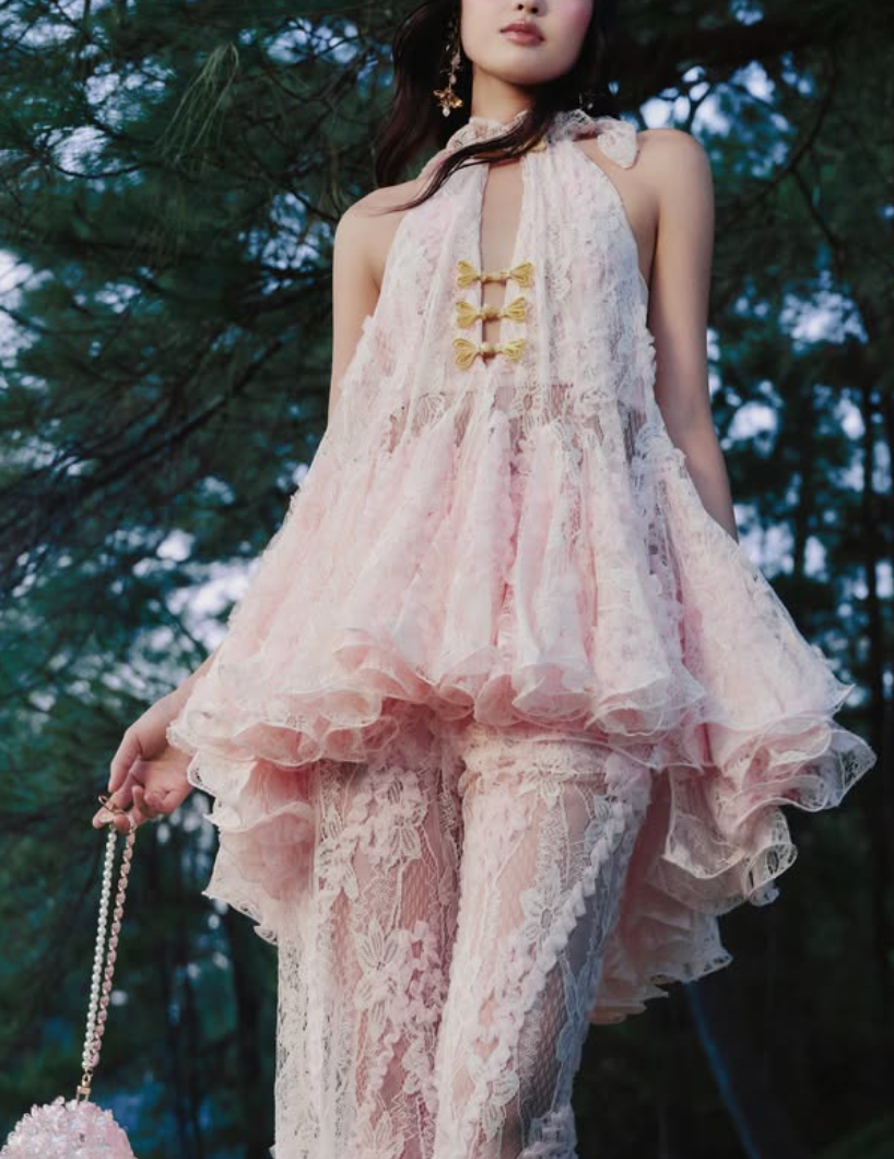 Pink Lace Cheongsam-Inspired 2-Piece Set