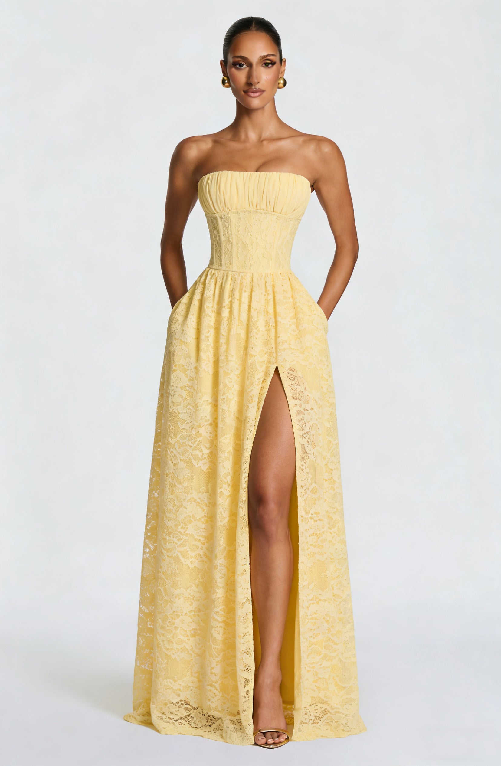 Butter Yellow Strapless Lace Corset High-Slit Maxi Gown with Pockets