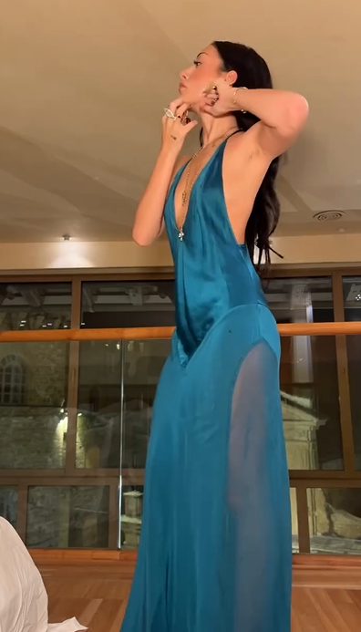 Luxury Teal Satin Halter Deep V Maxi Dress with Sheer Panel