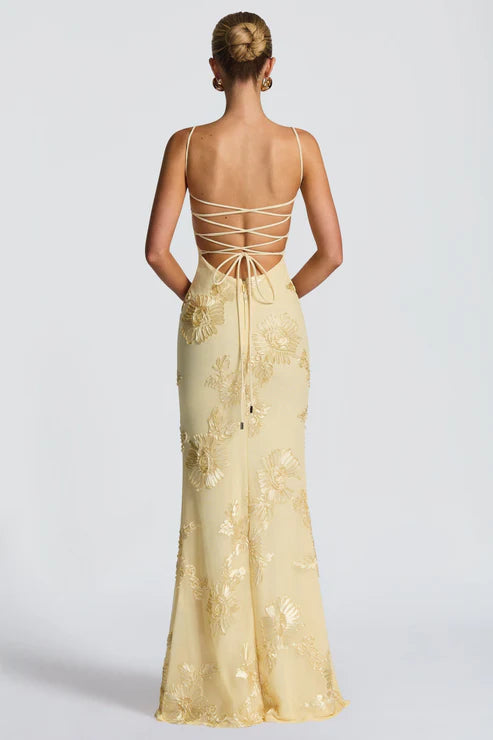 Cream Floral Corset Fishtail Gown