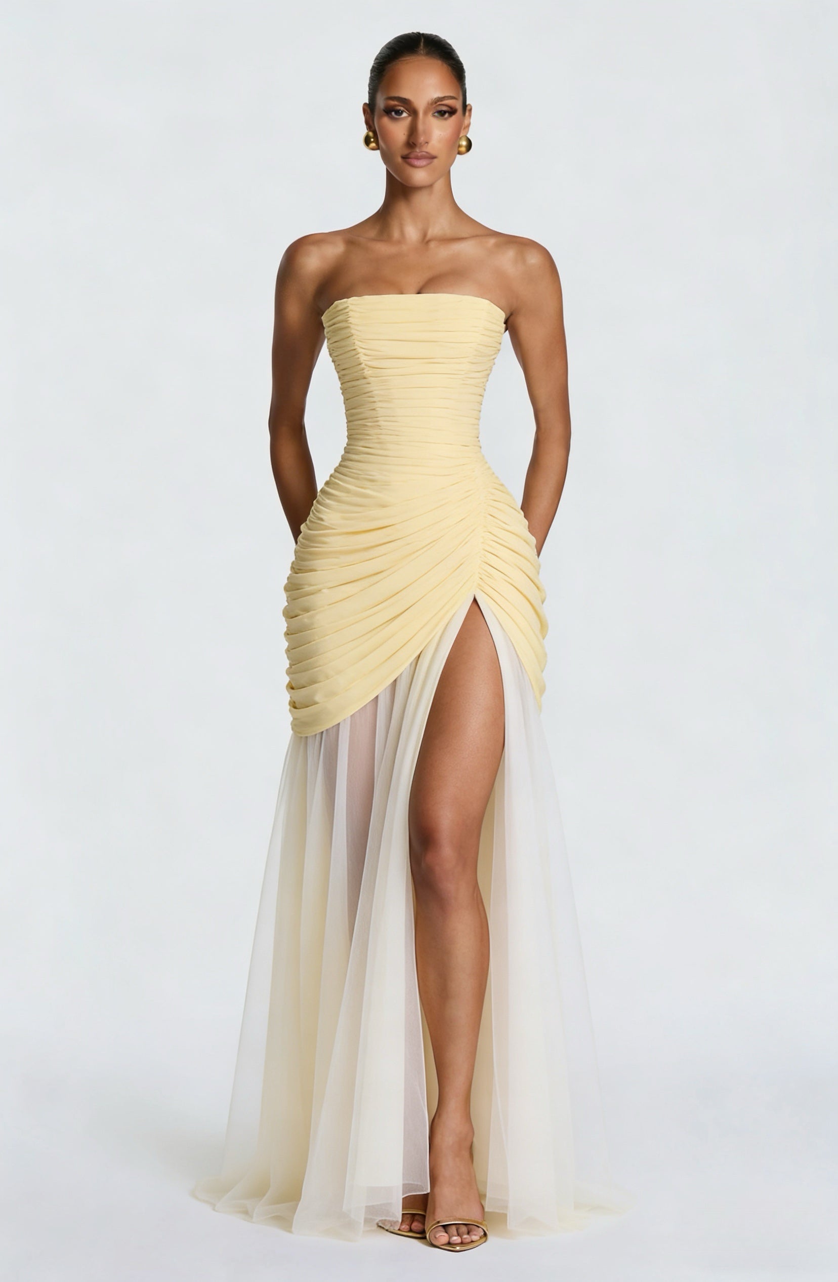 Butter Yellow Strapless Ruched High-Slit Tulle Maxi Gown