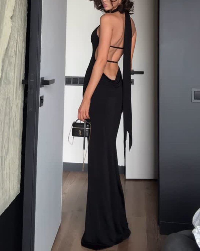 Sexy Sleeveless Solid Color Slim Fit Backless Dress