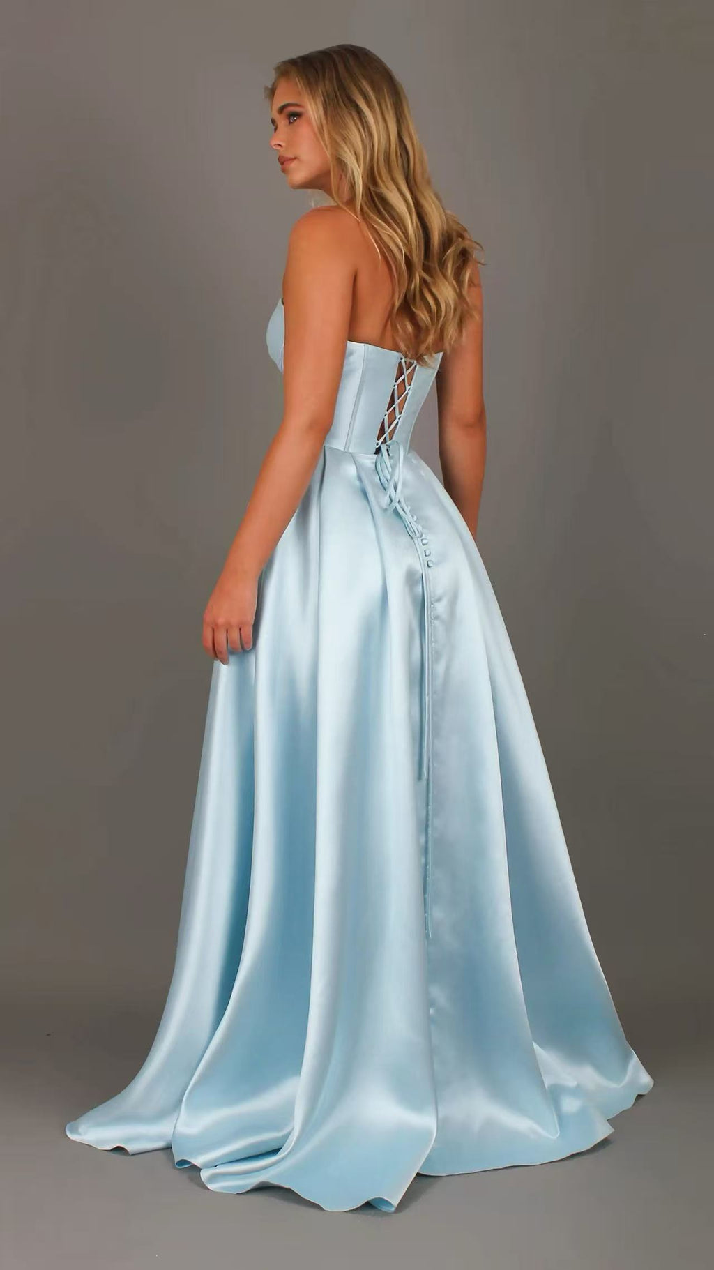 Madeleine - Light Blue formal Dress | Strapless twist corset Mikado satin ball gown