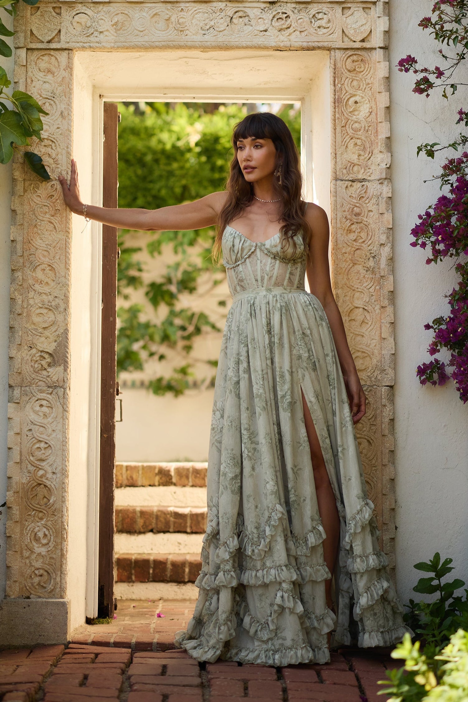 The Carmen Dress in Sage Tapestry