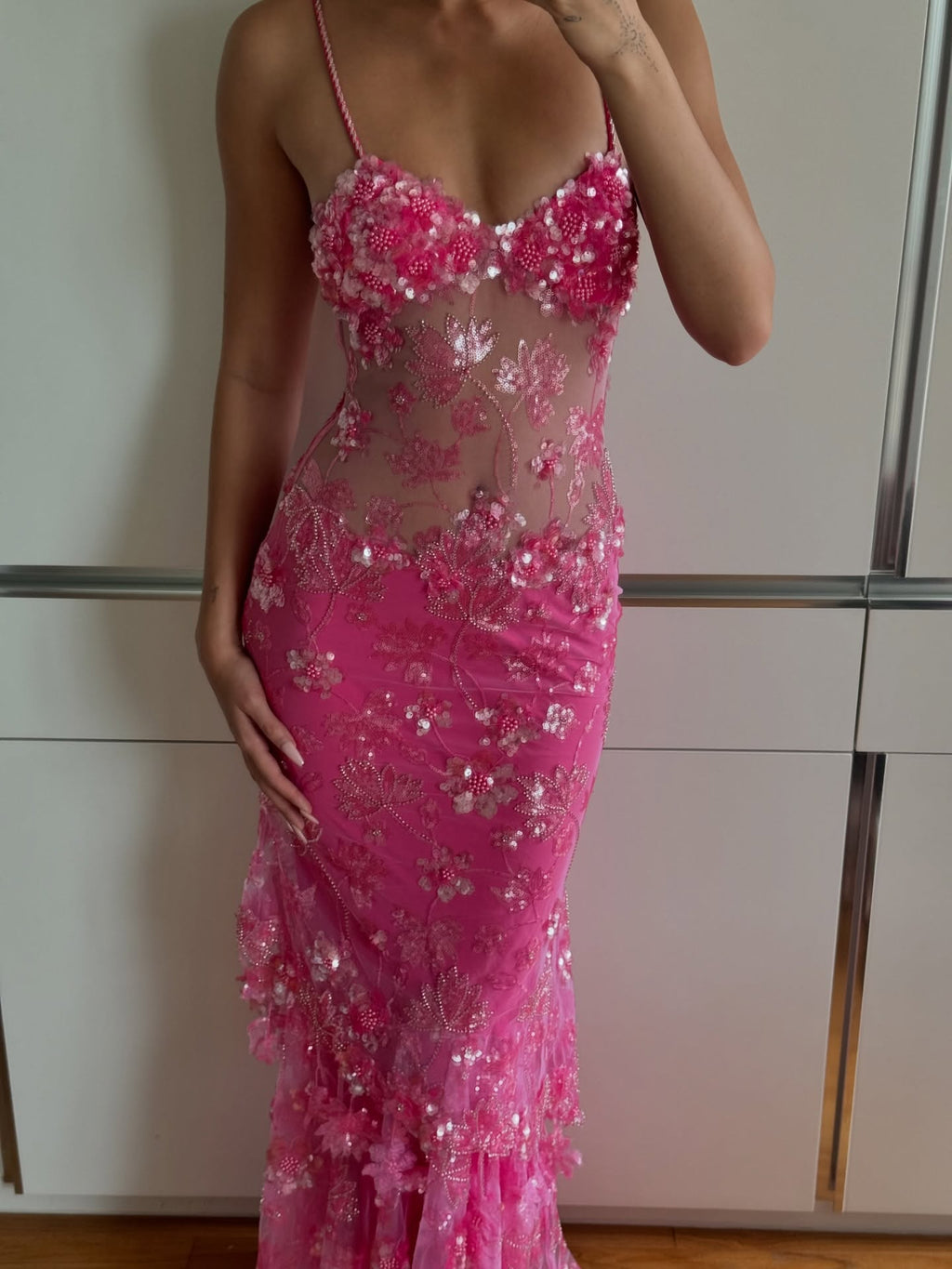 Pink Floral Sequin Sheer Mermaid Gown with Train