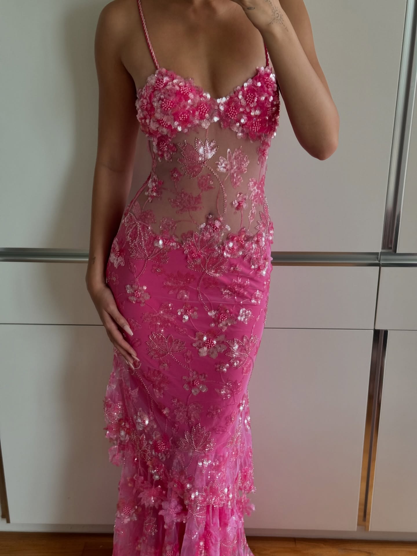 Pink Floral Sequin Sheer Mermaid Gown with Train