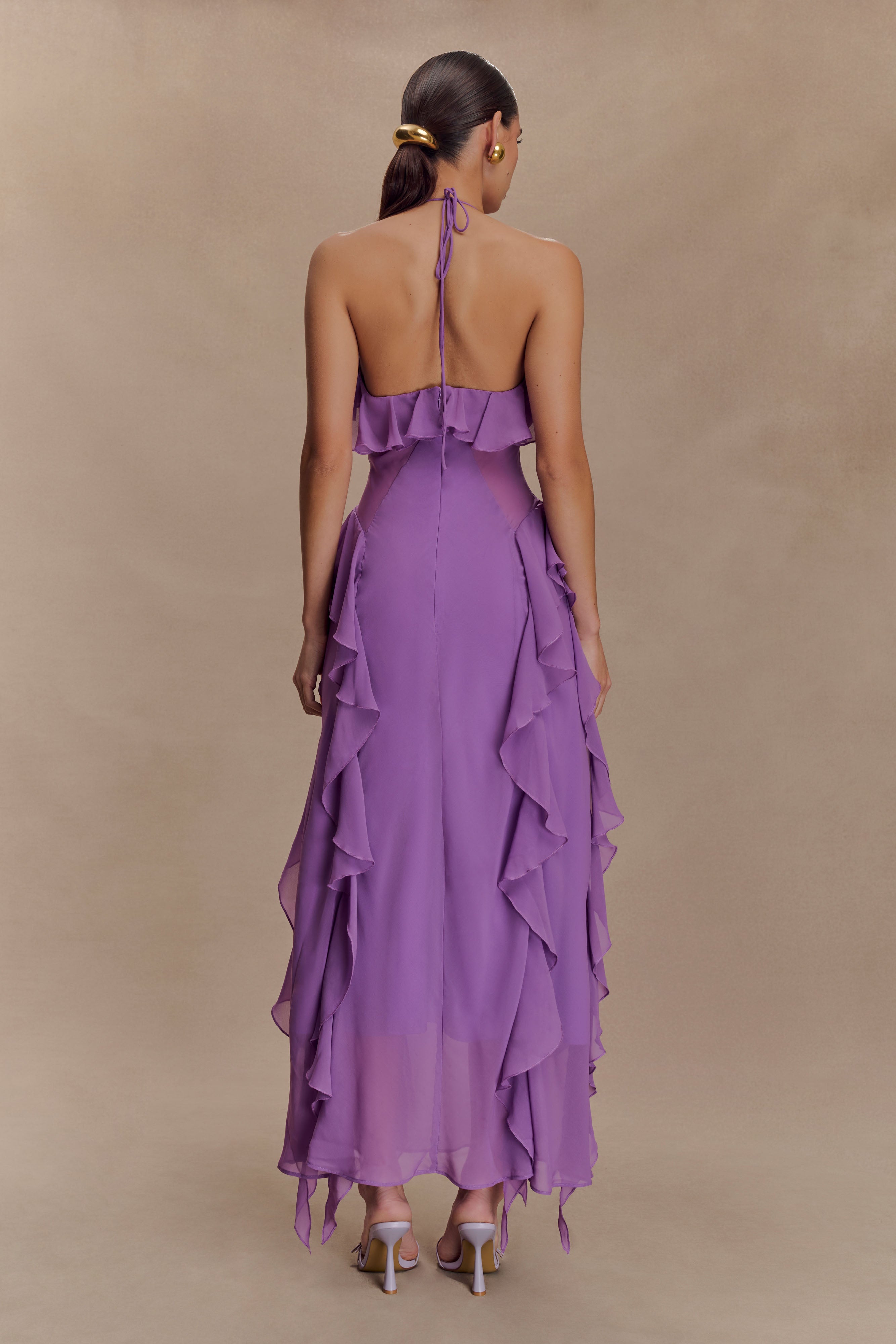 Sexy Sleeveless Halter Wooden Ear Chiffon Dress