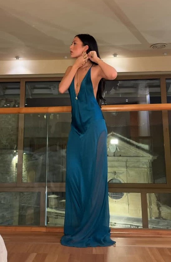 Luxury Teal Satin Halter Deep V Maxi Dress with Sheer Panel