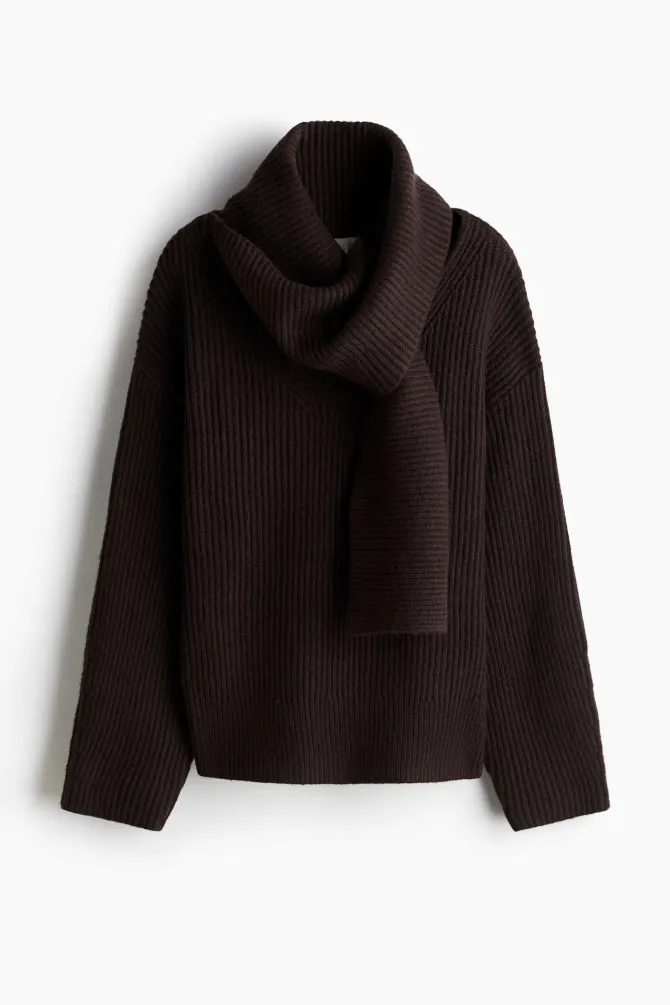 Elegant Long Sleeve Scarf Solid Color Sweater