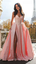 POSIE - Light pink Formal Dress, Strapless Basque waist Corset Beaded Bra Cups, Satin embossed floral Gown