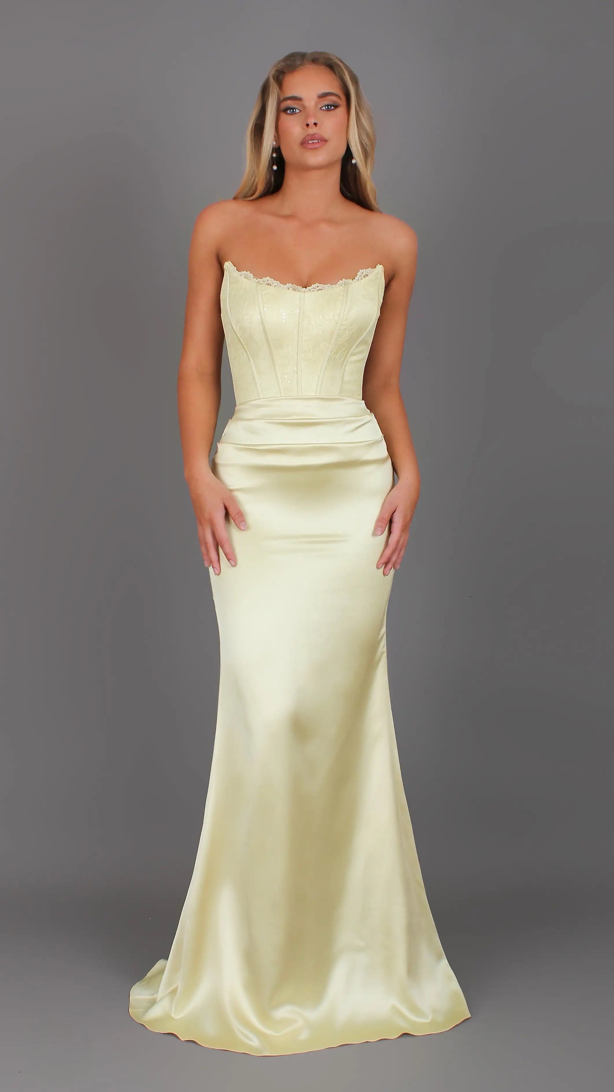 Bella - Yellow Formal Dress, Strapless lace Corset, fitted pleated satin skirt