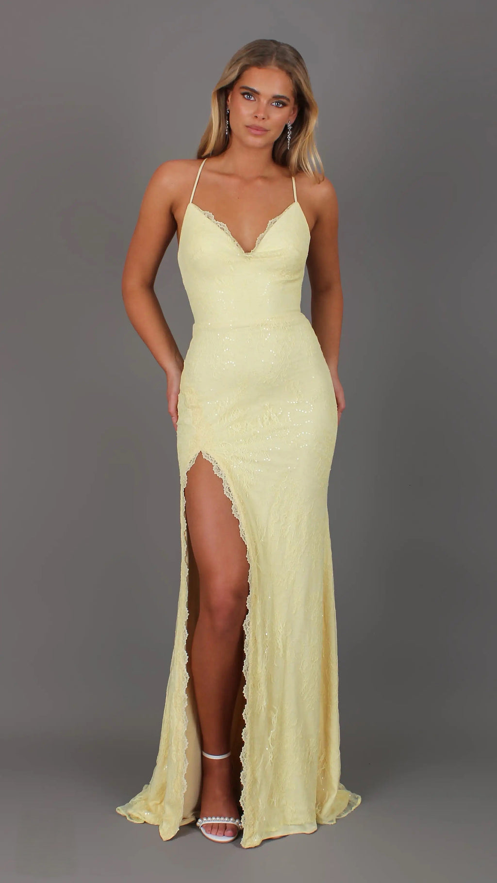 Fleur - Yellow Formal Dress, Lace V neckline lace up backless, fitted high leg slit