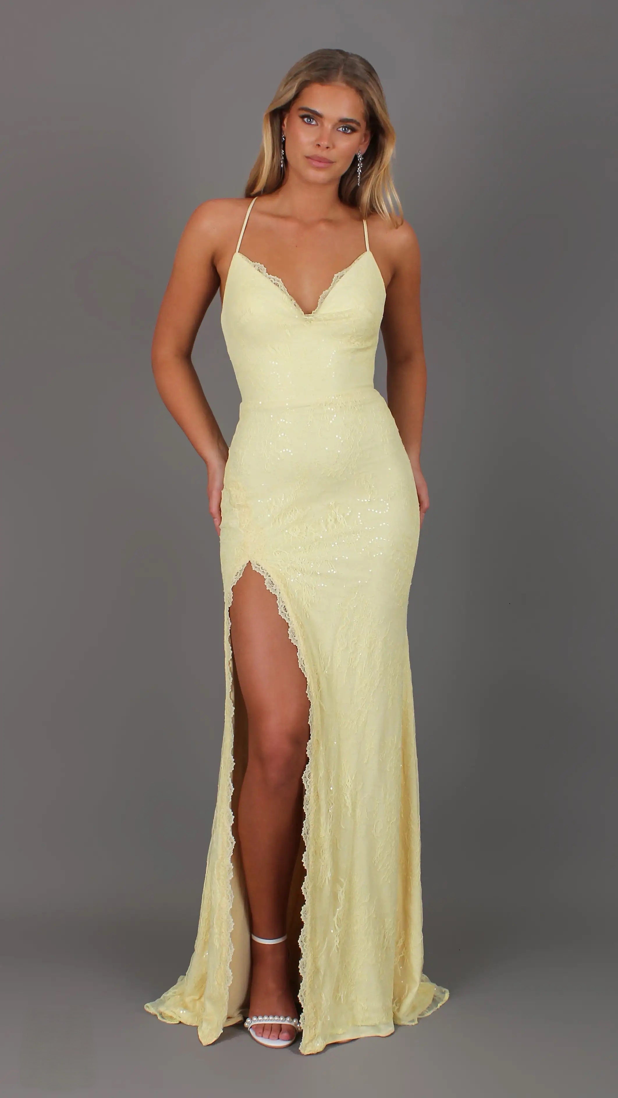 Fleur - Yellow Formal Dress, Lace V neckline lace up backless, fitted high leg slit