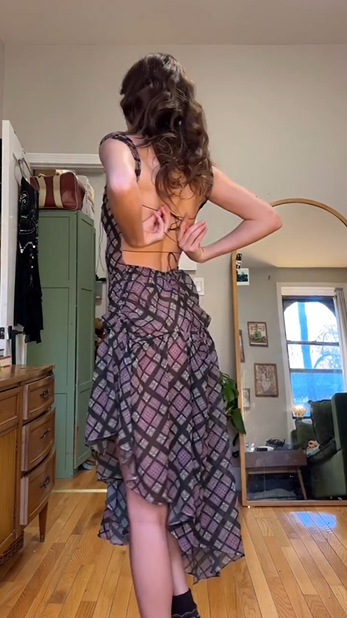 Purple Plaid Sheer Drawstring Tie Irregular Slit Spaghetti Strap Dress