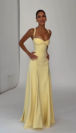Buttery Yellow Satin Sweetheart Maxi Gown