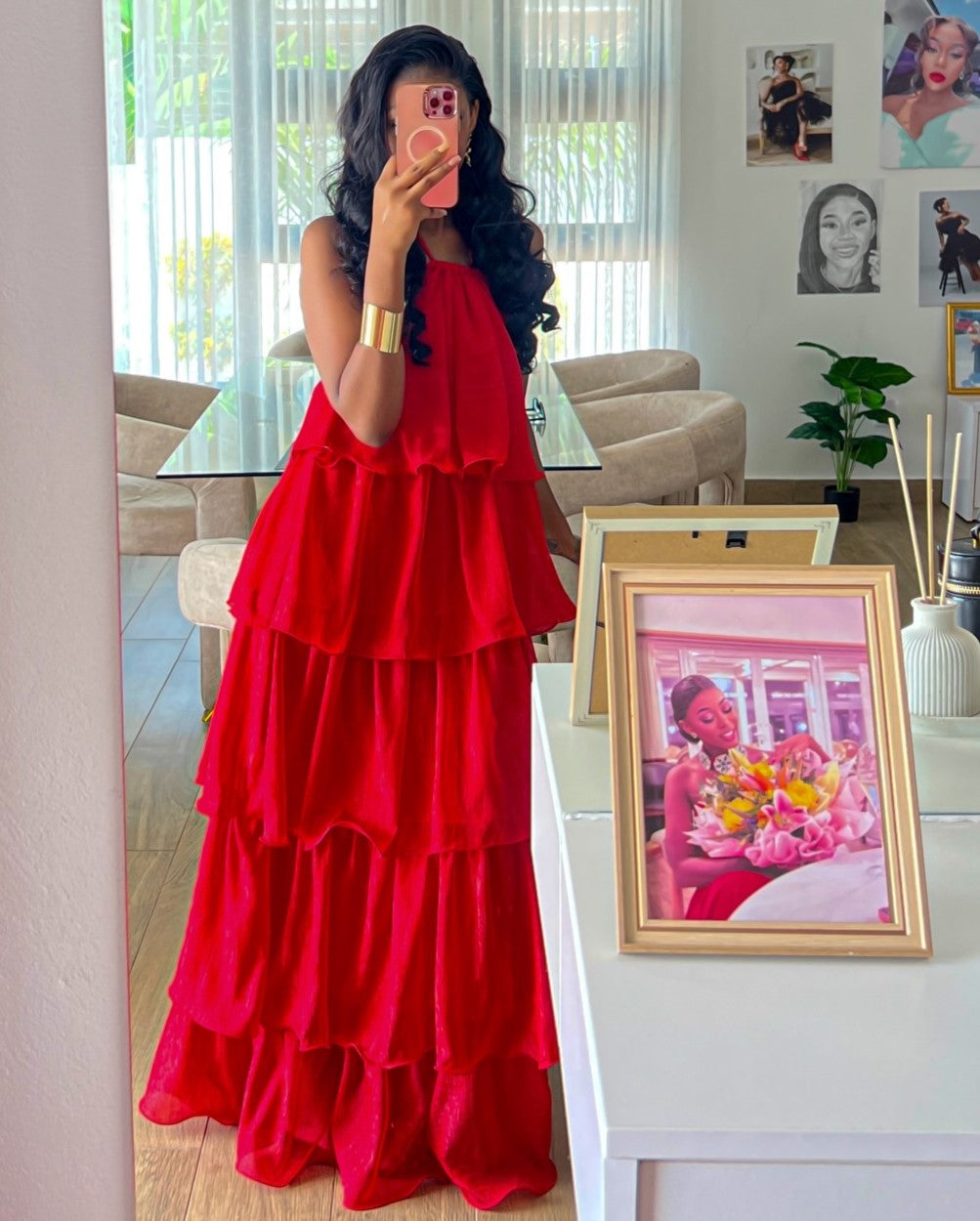 Scarlet Red Halter Tiered Ruffled Maxi Dress Slimming Draped Vacation Banquet Gown