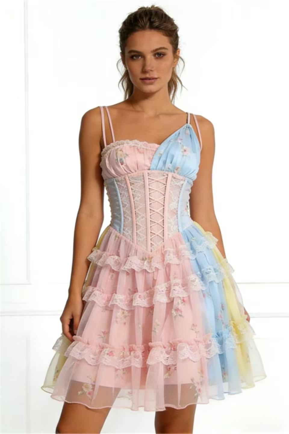 Pastel Color Block Lace-Up Corset Ruffle Tulle Mini Dress
