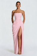 Blush Pink Strapless Ruched High-Slit Maxi Gown with Hidden Pockets