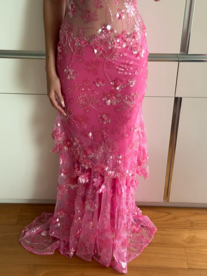 Pink Floral Sequin Sheer Mermaid Gown with Train