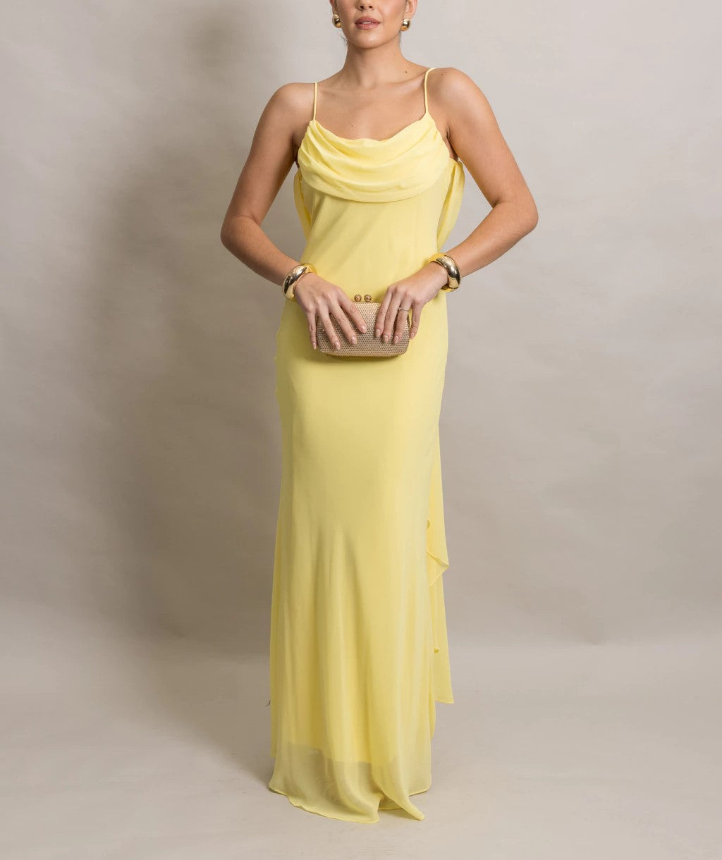 Lemon Chiffon Cowl Neck Maxi Dress