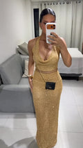 High-End Gold Sequin Halter Knit Two-Piece Set