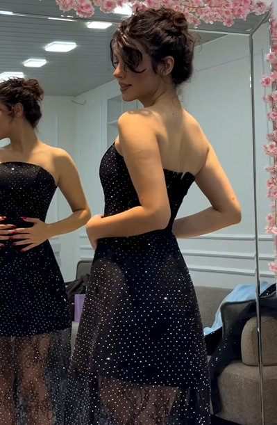 Sexy off-the-Shoulder Rhinestone Mesh Dress