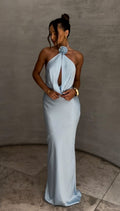 Sky Blue Satin Halter Maxi Gown with Floral Applique