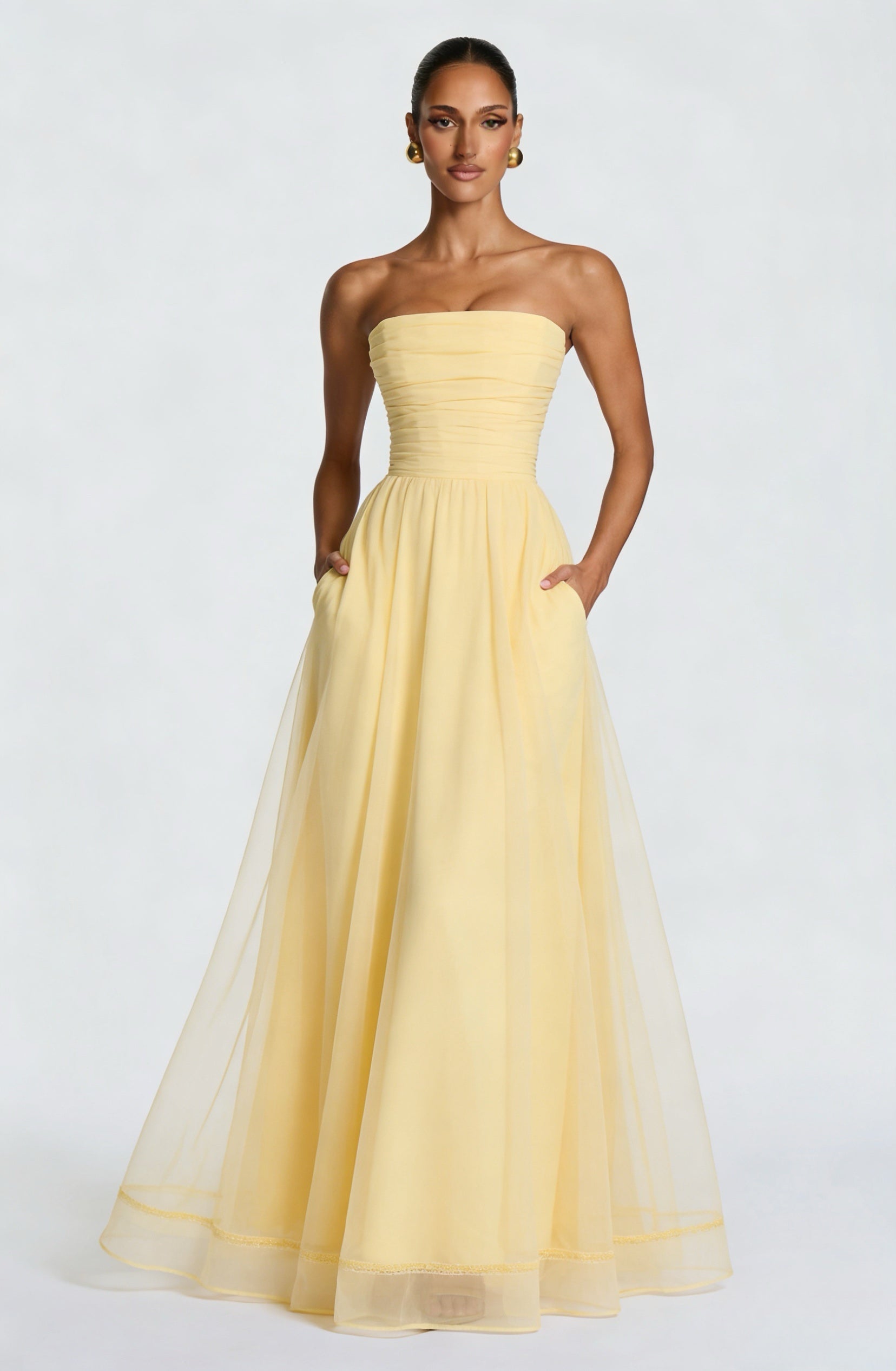Butter Yellow Strapless Ruched Tulle Maxi Gown with Pockets
