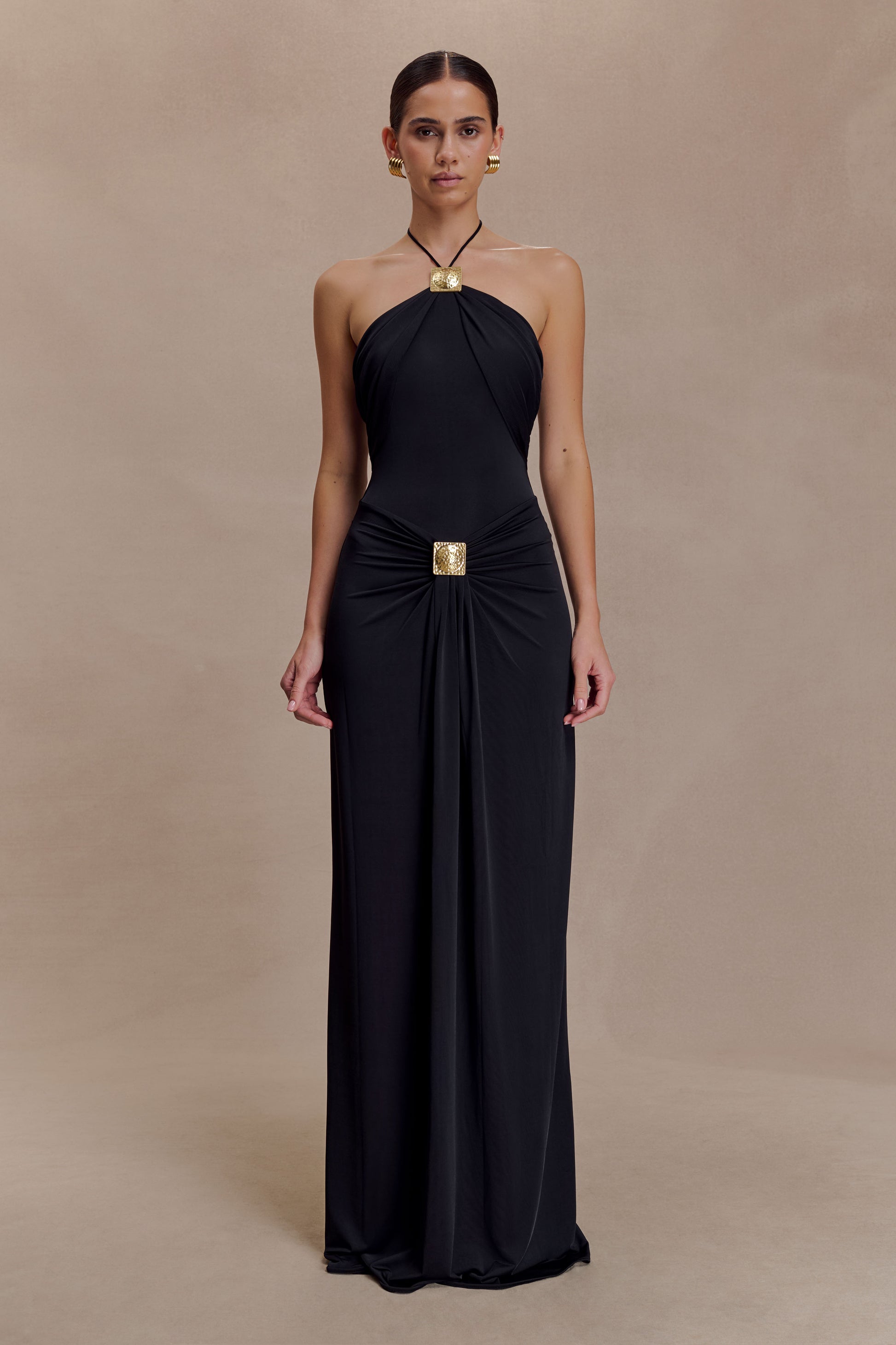 Black Gold Buckle Decor Halter Backless Waist-Fitted Draped Floor-Length Evening Gown