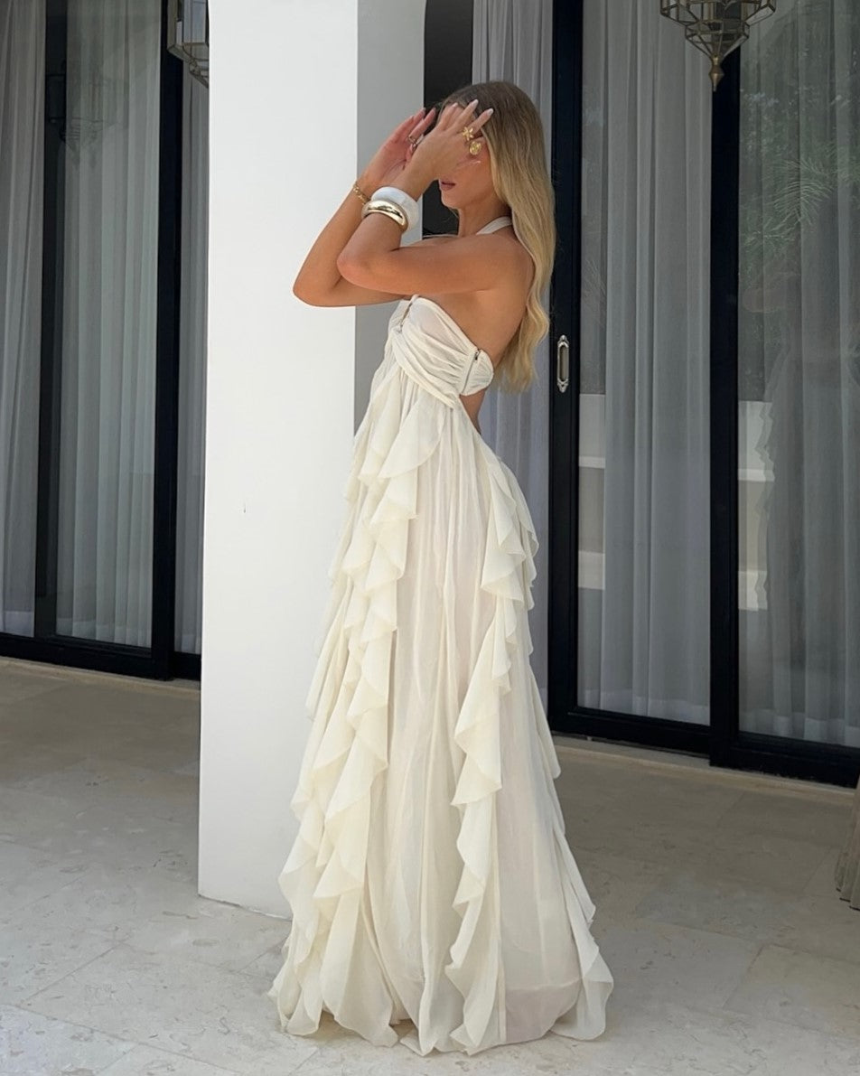 Cream White Halter Gold Rose Ruffled Backless Maxi Dress