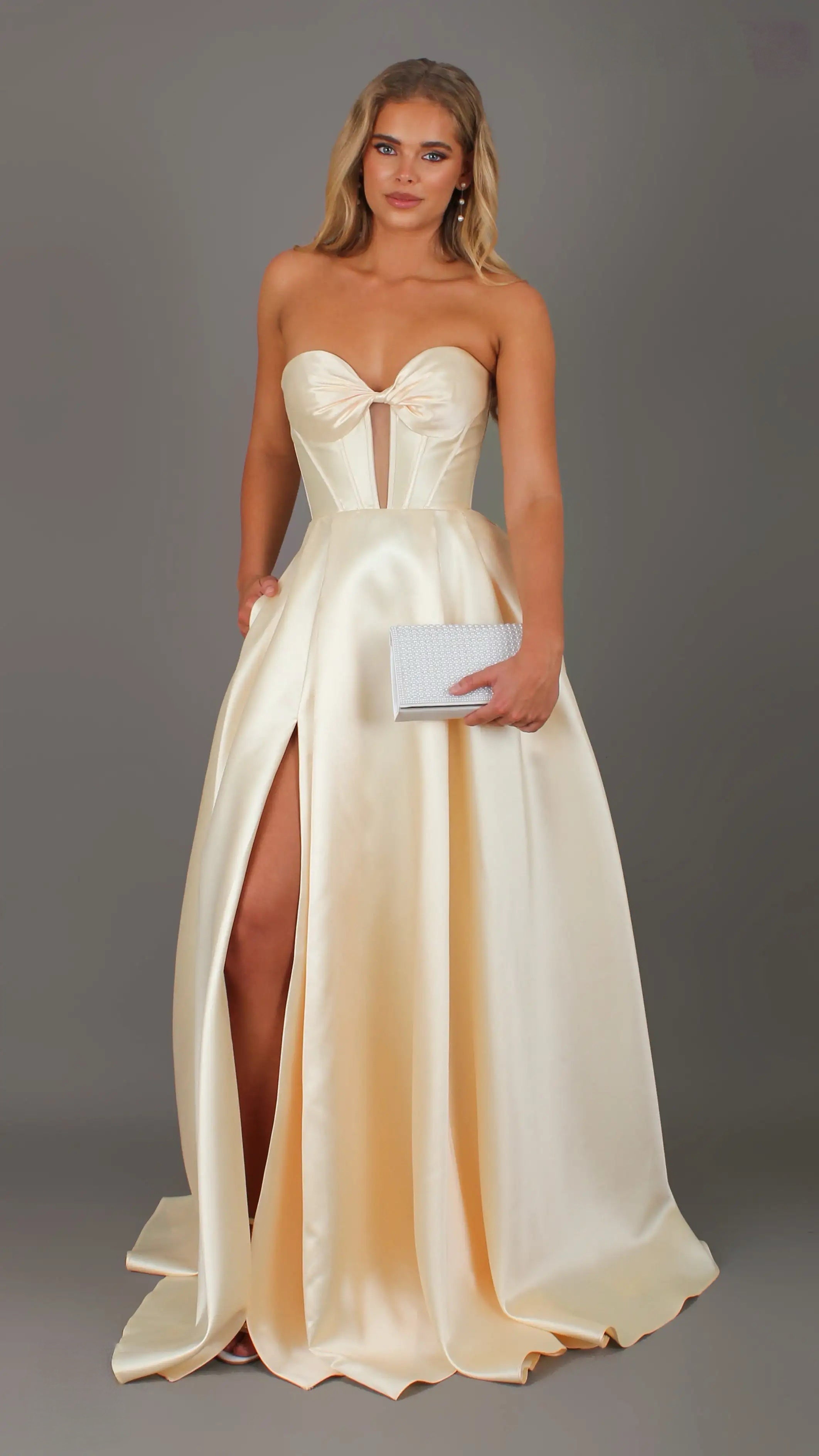 Madeleine - Butter Yellow formal Dress | Strapless twist corset Mikado satin ball gown