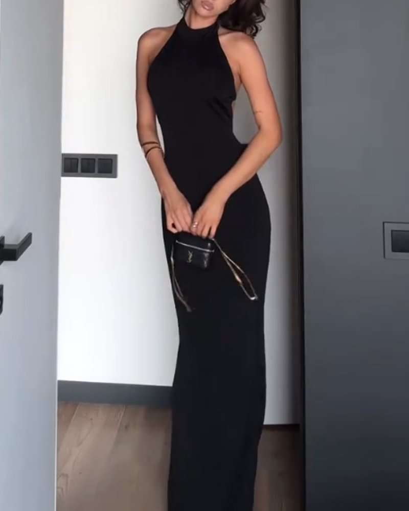 Sexy Sleeveless Solid Color Slim Fit Backless Dress