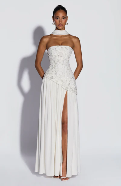 French Halter Neck Draped Strapless Slit Maxi Dress | Luxury Elegant 3D Flower Waist-Cinching Slimming Evening Gown