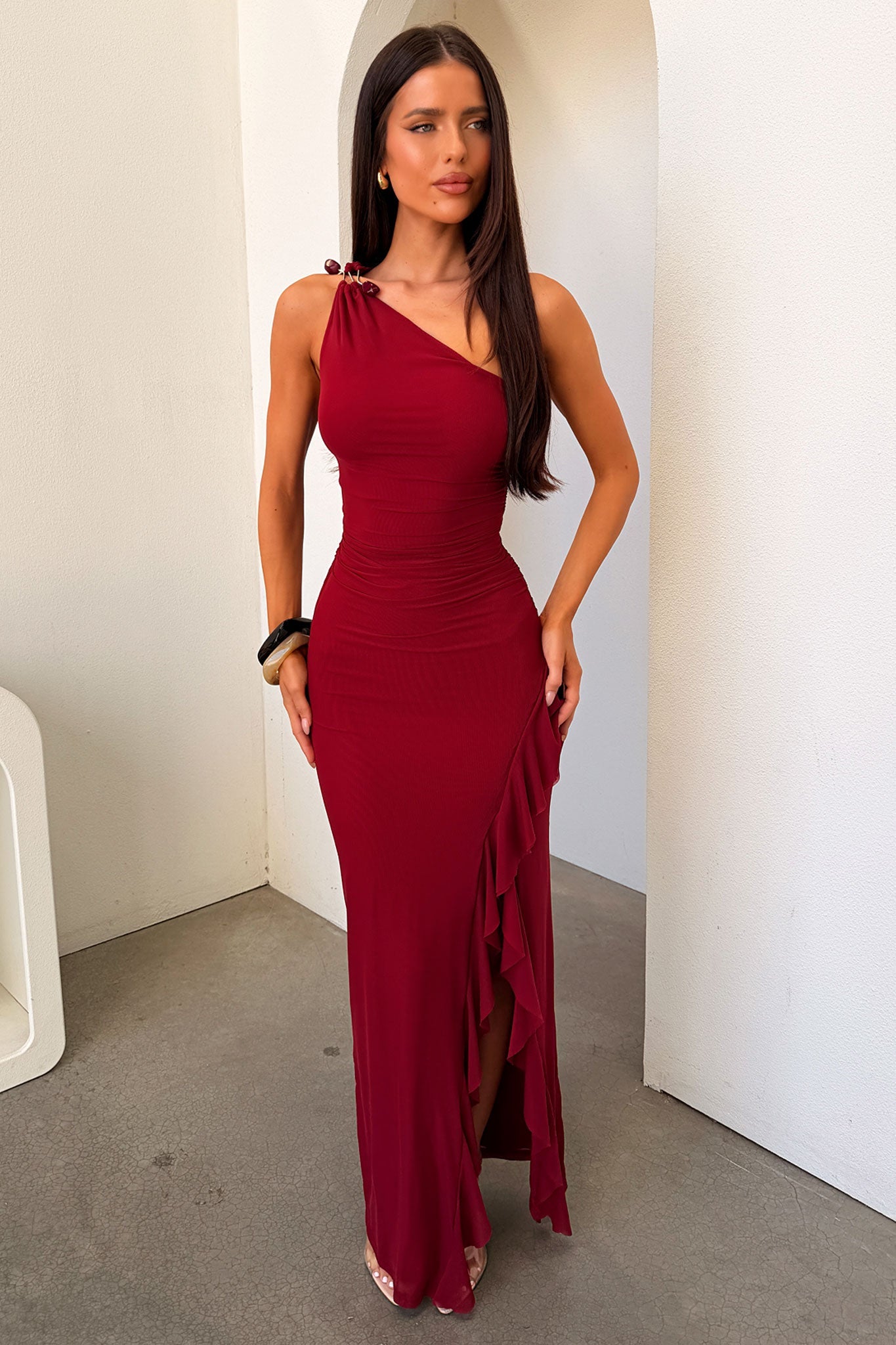 Floretta One-Shoulder Maxi Dress - Burgundy