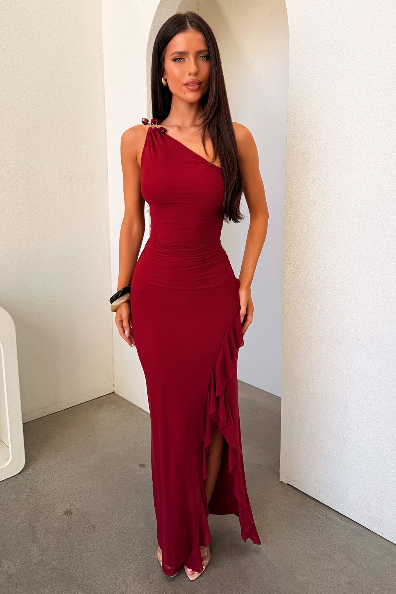 Floretta One-Shoulder Maxi Dress - Burgundy