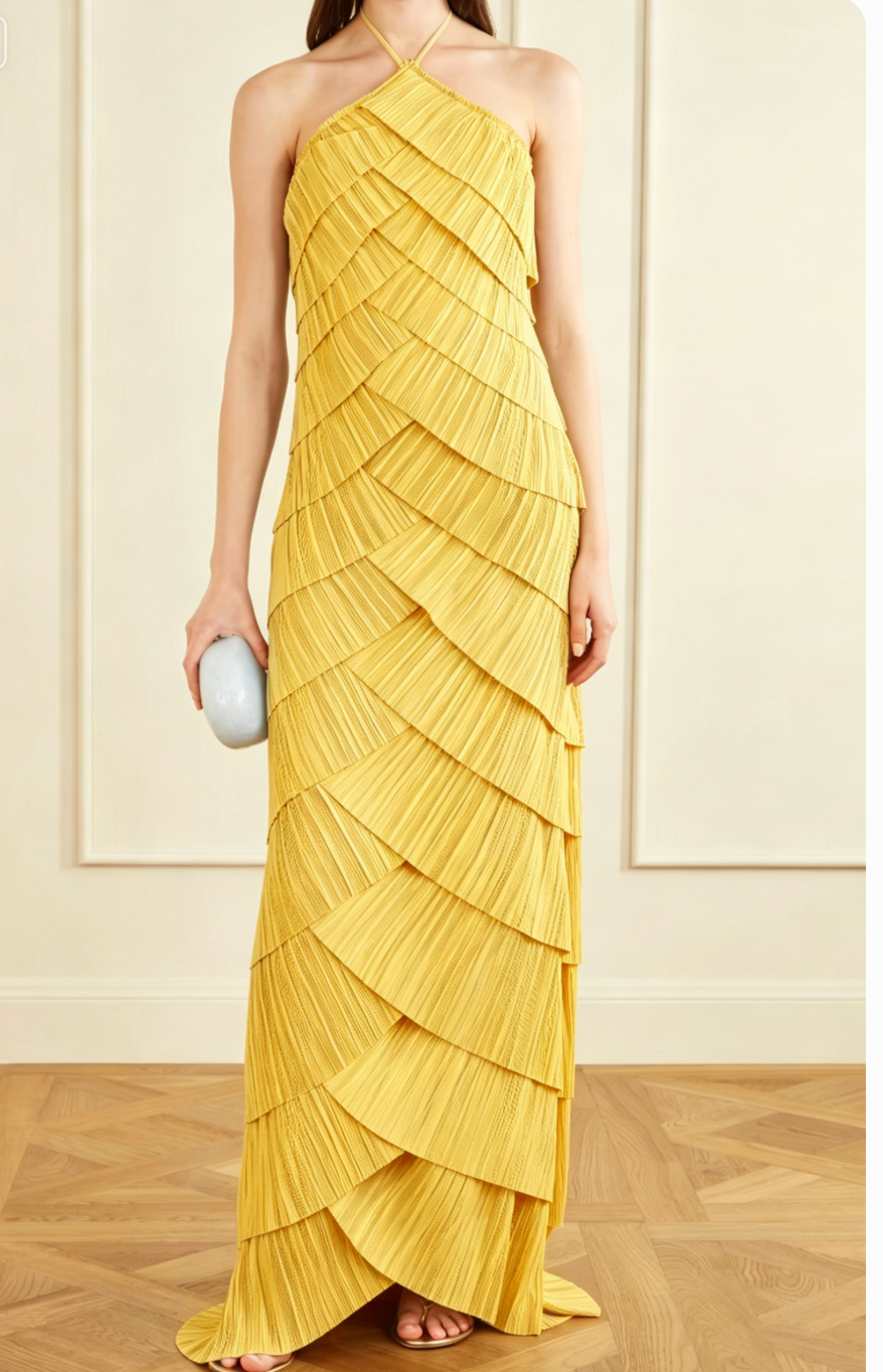 Pleated Tiered Halter Maxi Dress